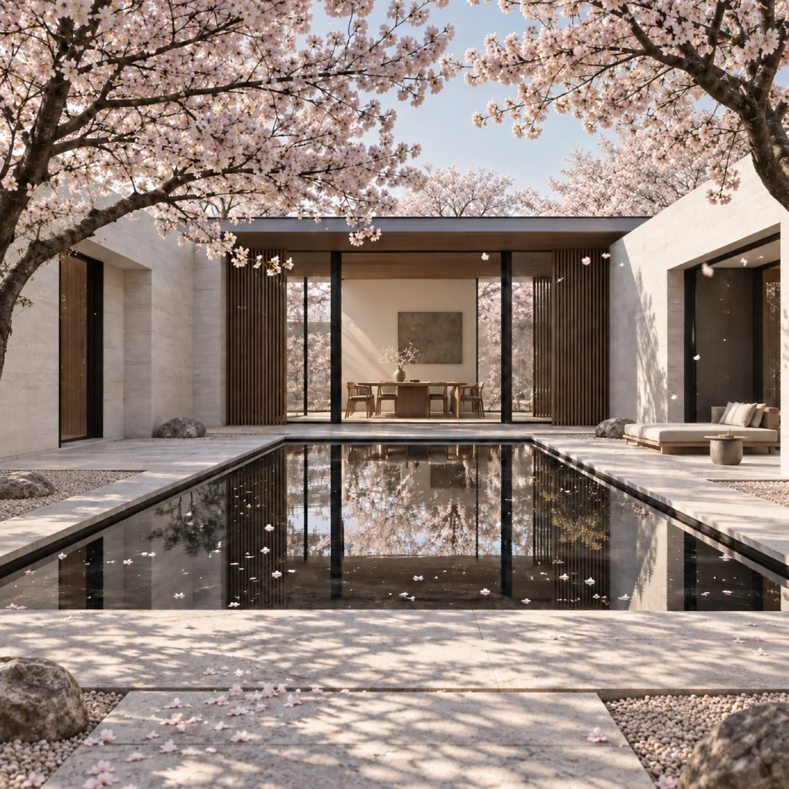 桜の木に包まれた中庭と水盤のある宿泊施設